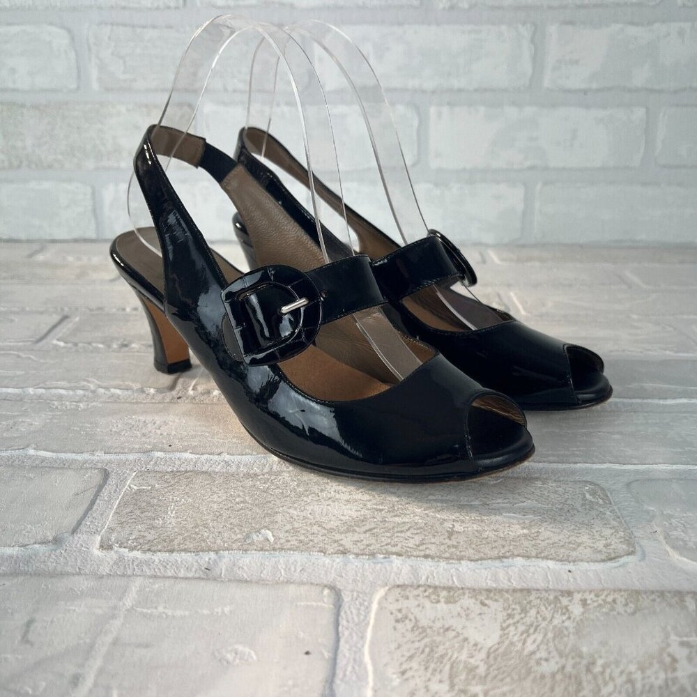ANYI LU Mary Jane Heels Slingback Black Patent Leather Peep Toe 8 /‎ 38.5